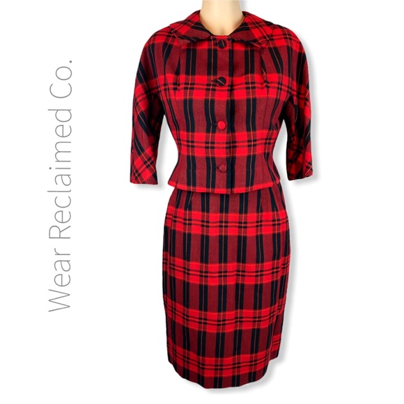 VTG 1960s Red & Black Plaid Pencil Skirt & Jacket - Picture 2 of 14
